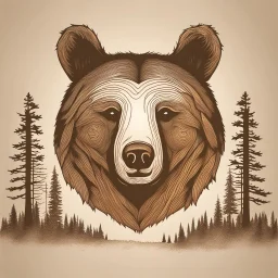 M shaped bear head combined with woods silhouette in backround, letterpress style, minimalistic pencil art