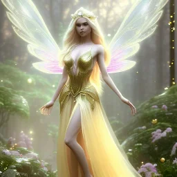 beautiful fairy very etheric, nice smiling, long blond hair, magic glamour pink make up, delicate colors, complete vision of very transparent golden and big wings, beautiful glamour transparent golden dress, ultra sharp focus, 8k, unreal engine 5, extremely sharp detail, light effect, soft light atmosphere, smooth, full of details, face in front, complete vision of face and hair and of the body