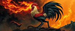 & Abraxas the first creature, older than God fire and darkness volcano Haiti god with rooster head and serpent legs as a vision of the beginning of awakening within a dream of paint color and time, 365
