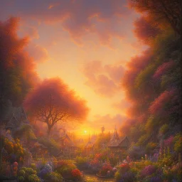 View of a beautiful sunset in the garden, oil on canvas, intricate, portrait, 8k highly professionally detailed, HDR, CGsociety, illustration painting by Mandy Jurgens and Małgorzata Kmiec and Dang My Linh and Lulu Chen and Alexis Franklin and Filip Hodas and Pascal Blanché and Bastien Lecouffe Deharme, detailed intricate ink illustration, heavenly atmosphere, detailed illustration, hd, 4k, digital art, overdetailed art, concept art, complementing colors, trending on artstation, Cgstudio