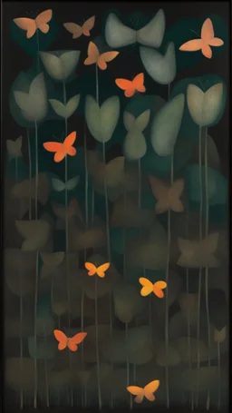A brownish black murky rainforest at nighttime with butterflies painted by Paul Klee