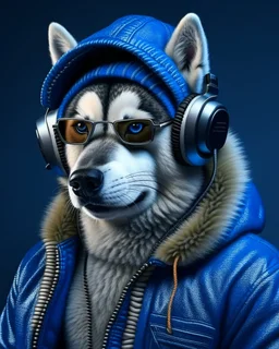 Perro Husky Siberiano with jacket, cap, dark glasses and headphones, ultra quality, hyper realistic, 3k 8D