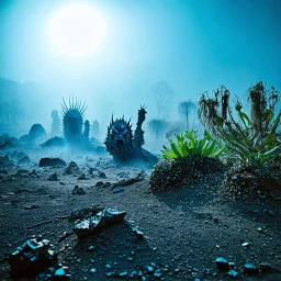 A striking quality Kodak photograph captures a wasteland with monsters and group of plants, creepy, details of the dust very accentuated, glossy organic mass, adorned with minerals and rocks. Bathed in intense light, eerie, Max Ernst style, blue sun, fog