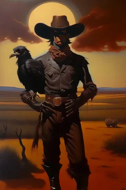 1970's dark fantasy cover dnd style oil painting of a chicken cowboy at the country from uruguay with minimalist far perspective.