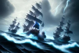 [Sea Elf] [Maormer] Hero Queen with [white hair] and [blue skin] Looking upon the ocean from her [ship] with crew in the storm. [fantasy] [realism] [Elder scrolls]