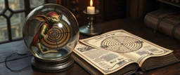 map of labyrinth contained in a glass ball with elemental sigils and symbols on a table beside a book called Riddles of a Forgotten Age with weird illustrations, being read by an imp kobold gremlin druid