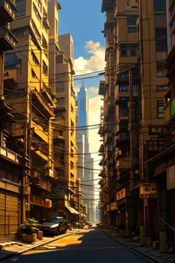 a painting of a city street with tall buildings, inspired by Liam Wong, conceptual art, paul pope, incredibly high detailed, in a narrow chinese alley, artwork of a hong kong street, beautiful comic art, elaborate digital art, new york back street, detalized new york background, canvas, golden cityscape, intricate environment - n 9, 4k 8k