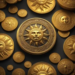 a gold coin named a Gold Sun. viking design. fantasy concept art, exquisite realism, a masterpiece, dynamic lighting, hyper detailed, intricately detailed, deep color, Unreal Engine, volumetric lighting , Epic cinematic brilliant stunning intricate meticulously detailed dramatic atmospheric maximal,