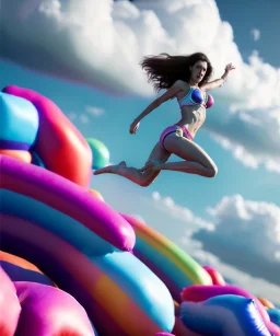 Ultra realistic speed clouds sky scene, wide angle view, sweet women falling down, inflatable color clothing, free jumping flying, many trinkets, hair monster. Clouds sea, many jelly beans, balls, color smoke, smile, happy, circus style, extreme, wind, 20,000 feet altitude, stratosphere, soft color, highly detailed, unreal engine 5, ray tracing, RTX, lumen lighting, ultra detail, volumetric lighting, 3d, finely drawn, high definition, high resolution.