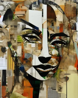 an extreme abstract acrylic and ink and battered paper photo collage poster of an unexpected mentioned in an arafed improbability made of misunderstanding with a checkered juxtaposition, claustrophobic liminal space, vague resemblances of curved twisting stylized head wearing tribal mask, tribal patterns, memories of negative space, amazing reflections, amazing curves, amazing transparency, split vibe, double exposure influence, heavy zigzag vibe, side view, noir automation, retrofuturism, overs