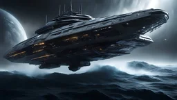 in space, Sci fi starship fly over heavy sea , complex and detailed, lighting effects, dark wet ambience, ,intricate work , iron grey steel ratio, blur dark grey haze