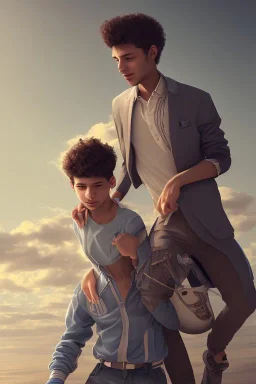 a single 50 year old man embraces a single, beautiful 12 year old arabic boy with long, curly hair and light blue eyes, not muscular, smiling,