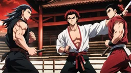 yujiro hanma vs yoriichi tsugukuni, baki vs kimetsu no yaiba, two mans standing in front of each other, a big strong man in black shirt with red hair and evil grin in martial art's stance facing a smaller feminine swordsman with long hair and calm face reaching for his sword in traditional japanese clothes both preparing to fight each other