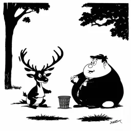 Gary Larson illustration of a quirky deer talking to a fat kid, cartoon cell, black and white
