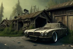 2000's gaspunk aesthetic wood trees with garage and car clasic and balck car low intricate detail intricate detail gaspunk 4k