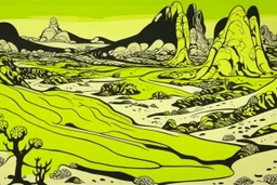 A pale greenish yellow arid wasteland with a cave designed in ancient Egyptian hieroglyphics painted by Roy Lichtenstein