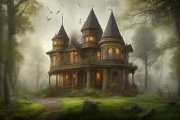 fantasy victorian house surrounded by forest