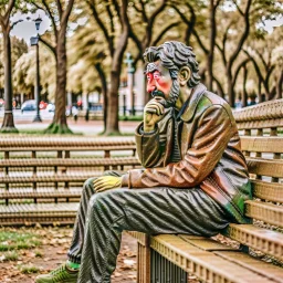 A figure of a man thinking about complex issues sitting on a park bench.