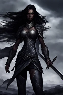 SA female elf with skin the color of storm clouds, deep grey, stands ready for battle. Her long black hair flows behind her like a shadow, while her eyes gleam with a fierce silver light. Despite the grim set of her mouth, there's a undeniable beauty in her fierce countenance. She's been in a fight, evidenced by the ragged state of her leather armor and the red cape that's seen better days, edges frayed and torn. In her hands, she grips two daggers, add dark shadow mystic purple flames