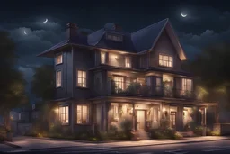 a highly detailed illustration of a home, qualidade excepcional, dinamic pose, mischievous expression, urban night scenery, lighting dramatic, estilo de desenho hiper-realista