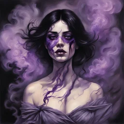 dessin d'un portrait jeune femme aux cheveux noirs et aux yeux sombres aveuglée par ses désirs une fumée mauve et malveillante s'échappe du tableau, symbolisant la manifestation du piège diabolique dans lequel elle est tombée. Enfin, les ténèbres du tableau se referment sur elle, la condamnant à un destin tragique et éternel. La terreur et le désespoir sont palpables dans son expression figée, neige, fenêtre cassée, manoir, tableau, amour