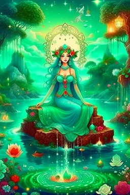 The beautiful goddess of healing and well-being stands on a land of pure water embellished with emeralds. And glass rose trees. And a name. Colored with stars and planets