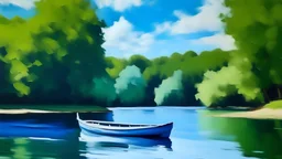 készíts egy festményt Cézanne stílusában az alábbiak szerint: sima felületi kék tó, rajta egy kis vitorlás csónak