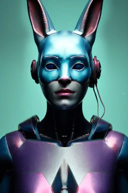 Medium Close Up Portrait, Front image. cyberpunk, rabbit mask, Irish woman, pink short hair. latex, titanium suit. Blue, black, silver, color. Ghost in the shell style. Color background, photo studio. Avatar image, highly detailed, concept art, smooth, unreal engine 5, god rays, ray tracing, RTX, lumen lighting, ultra detail, volumetric lighting, 3d, finely drawn, high definition, high resolution.