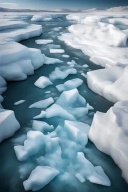 top to bottom river flowing with icebergs surrounding the river 2d