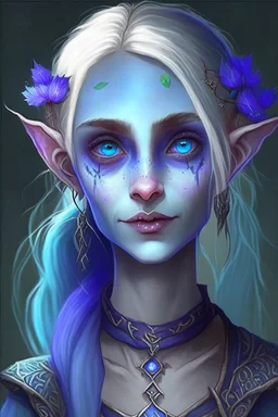 Zella, the youngest of the elven sisters, is the most beautiful. She has beautiful piercing blue eyes, and always has a mischievous smile. She shaves one side of her head. Her loose flowing clothes are a deep purplish hue. She magically summons small pale blue skulls all around her