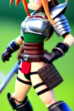 In the style of Toriyama, hyper detailed, strikingly beautiful teen female, 16 years old, long ponytail, ginger hair, green eyes, medium freckles, full lips, micro top, black leather armour lined with fur, full body, full face, tiny breasts, athletic, centred camera, ignore NSFW, thong, sexy, athletic