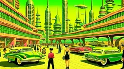 Weird retro-future. The cities and people of an alternative 1950's world where everything is a little bit different and weird, art deco