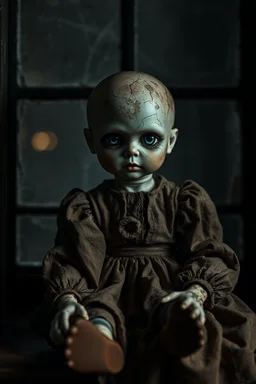 looking at the camera a high realistic porcelain doll, old, dirty with old dress, sitting on shelf, in background blur cracked window. The figure has cracked face and head, and big black eyes. High contrast, cinematic, thriller, dark, atmospheric. Surreal style , perfect composition, sharp focus, intricate details, crepy stunning