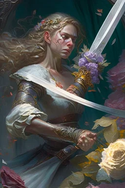 Without a moment's hesitation, Agatha, wielding her sword adorned with carved flowers, seized the opportunity. With a swift and precise movement, she struck beneath the tyrant's shoulder, piercing through his defenses and driving him to his knees.