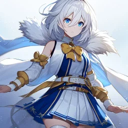 Clear focus, High resolution, rough line sketch art, short fluffy white hair, hair between eyes, fluffy hair, blue eyes, wearing a sleeveless shirt, wearing a a pleated skirt , detailed outfit, lots of details, bow on belt, white belt, white and blue everywhere on outfit, cut sleeve, yellow chains around outfit, concept art, arms folded, 1girl