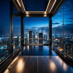 luxury wide hall in top floor of skyscrapper in moder city at night sky,city scape at backgrownd