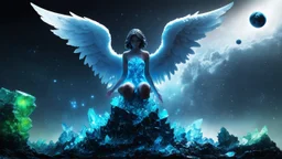 angel with a wings siting on the blue monolith made of blue tiberium crystals of lights, matrix universe, planets on the back grounds, green crystals of tiberium on the life and right