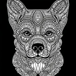 Dog, cartoon, mandala, real style, realistic, minimalistic, minimal black line art, line art, crisp line art, unique coloring sheet, outlined, outline, crisp, crisp line edges, illustration, crisp clear lines, line art, clean line art, unique, 8k, amazing, masterpiece, no colors, no dark color, no black color, avoid thick black, minimalistic line edges, white back ground color,