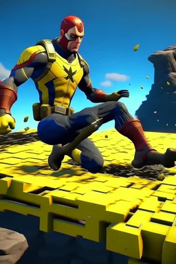 Create a picture of captain america falling from the skye to a pit next to reverse Flash animated like fortnite