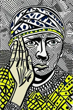 tribal man in grieg with hands on face pencil draw style of roy lichtenstein