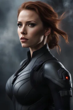 3D Portrait of Scarlett Johansson as Black Widow perfect body, perfect face, perfect eyes, auburn hair, glamorous, gorgeous, delicate, romantic, realistic, romanticism, blue tones, Boris Vallejo - Pitch black Background - dark, wood panel wall in the background - fire, fog, mist, smoke