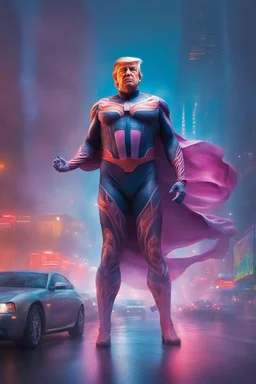 Extremely Muscular, Donald Trump as 'Maga Man,' Extremely Muscular, overly exaggerated muscles, Skintight, formfitting bodysuit, cape, boots, Multicolored vortex, multicolored lightning, neon lit futuristic cityscape, mist, fog, speed, extremely overexaggerated musculature, "MAGA MAN"