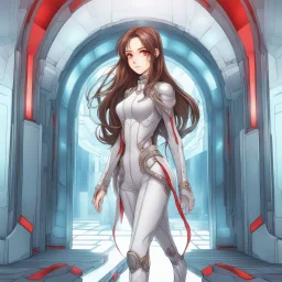 A confident woman with long brown hair and red eyes, stepping out of a portal wearing futuristic clothes, colored manga style, intricately detailed