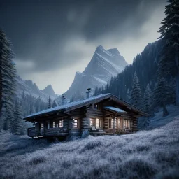 A mountain hut, sense of fear, Alps, night sky, 8k, HD, cinematography, photorealistic, Cinematic, Color Grading, Ultra-Wide Angle, Depth of Field, hyper-detailed, beautifully color-coded, insane details, intricate details, beautifully color graded, Cinematic, Color Grading, Editorial Photography, Depth of Field, DOF, Tilt Blur, White Balance, 32k, Super-Resolution, Megapixel, ProPhoto RGB, VR, Halfrear Lighting, Backlight, Natural Lighting, Incandes