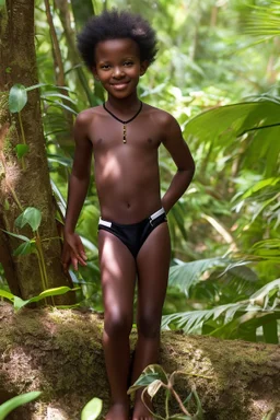 young natural black teen in the jungle playing with dad in swimsuit