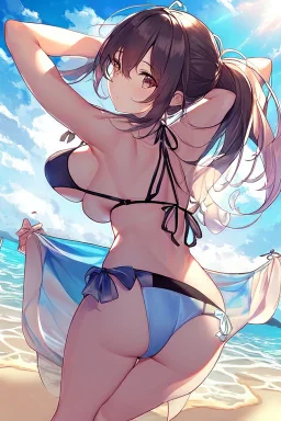 waifu at beach in a bikini with her back turned