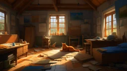 Un tabuco abuhardillado bajo el tejado de un edificio antiguo, lleno de lienzos, pinceles y cajas de madera, una joven artista durmiendo en un colchón en el suelo junto a un gato naranja, polvo bailando en la luz que entra por una pequeña ventana circular, estilo realista cálido.