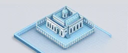 see through isometric plan of castle church lattice with transparent walls and grid on floor for tactical planning