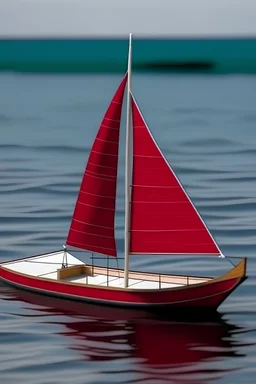 very small sail boat red ship with a white stripe the ship is 50 years old and far away out in the ocean bad quality the ship is so far that it is hard to see it has algee and holes further away than a km