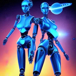 un robot femme bleu fond galaxie